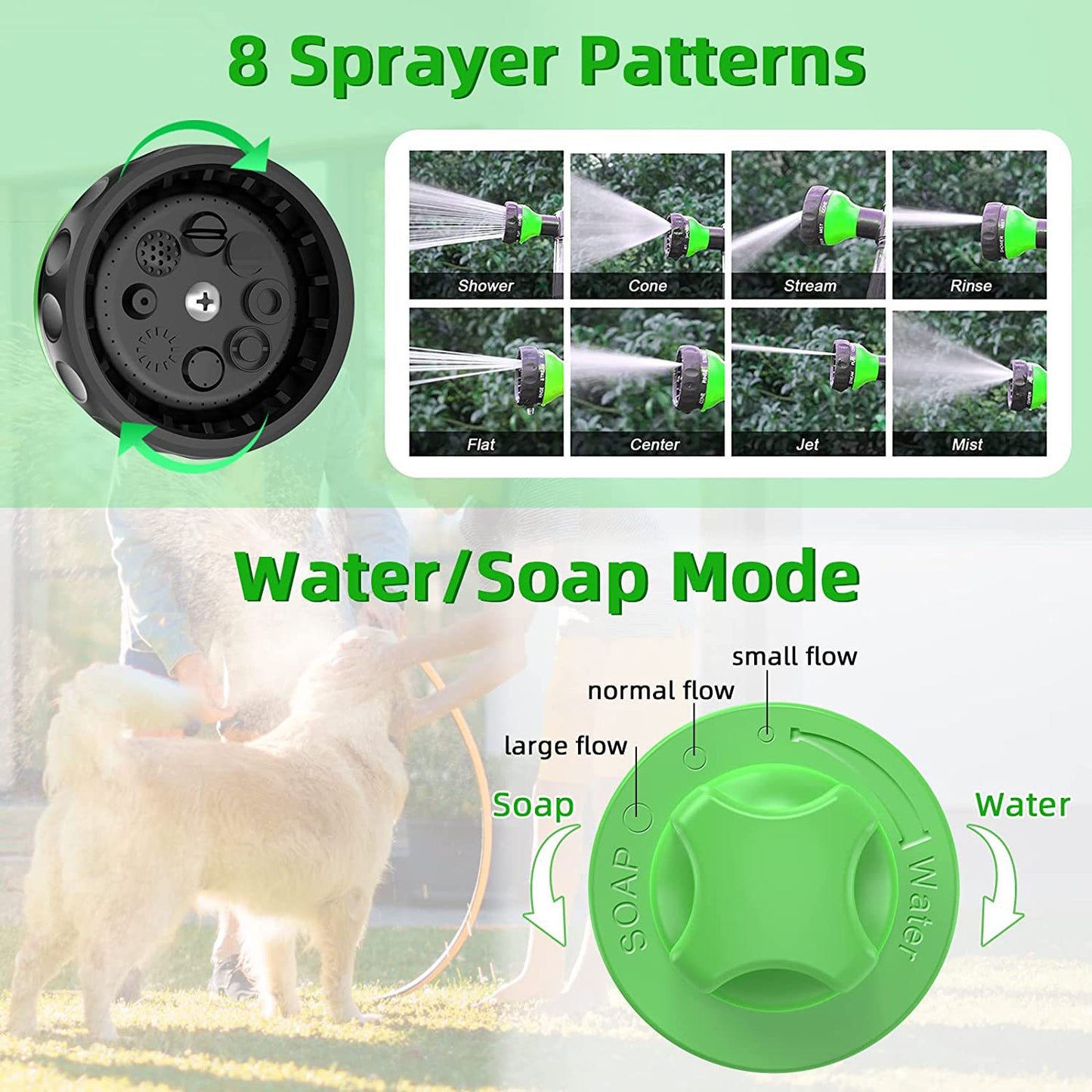 8 sprayer patterns and water soap mode dial for pet washing sprayer