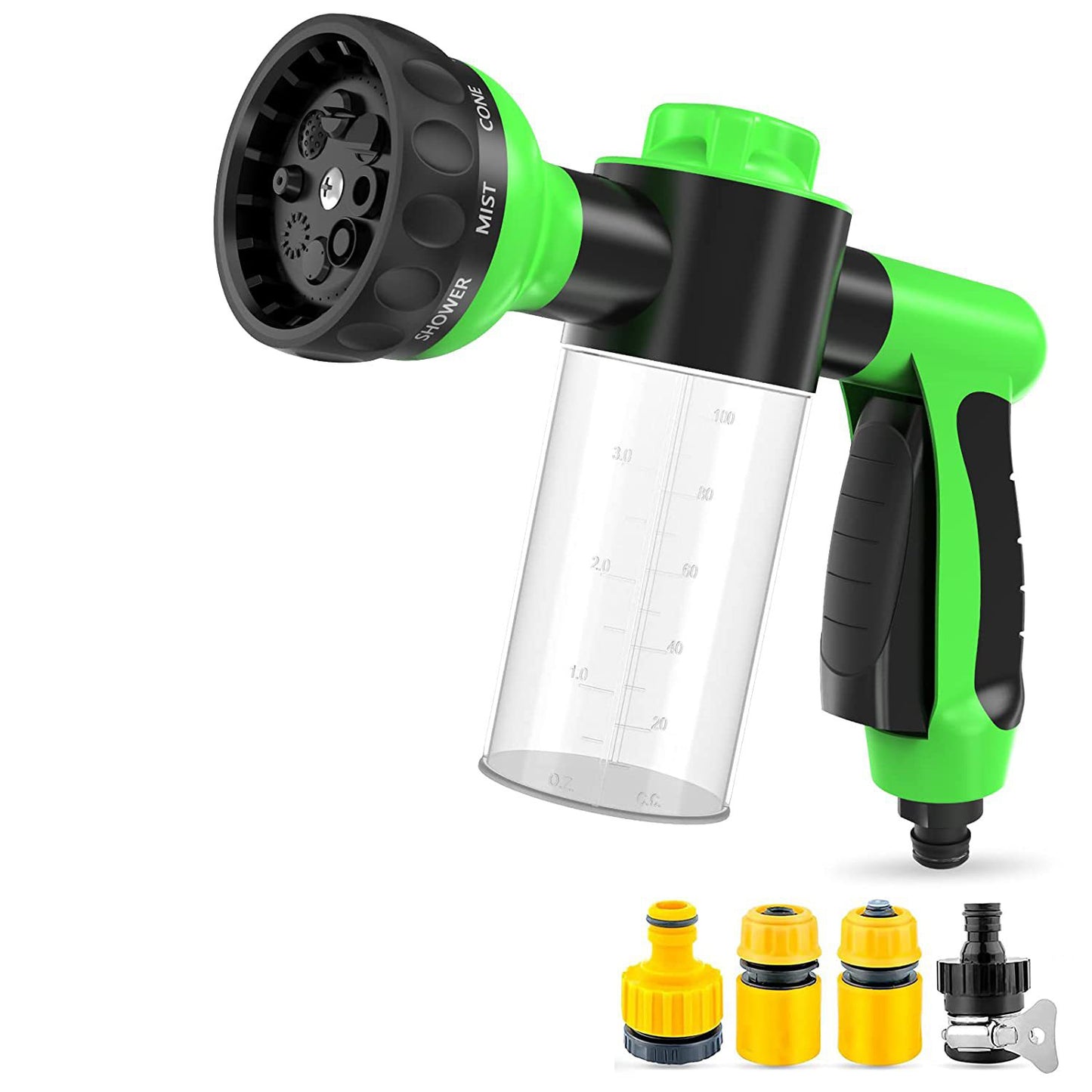 green 8-in-1 pet washing sprayer with hose connectors included
