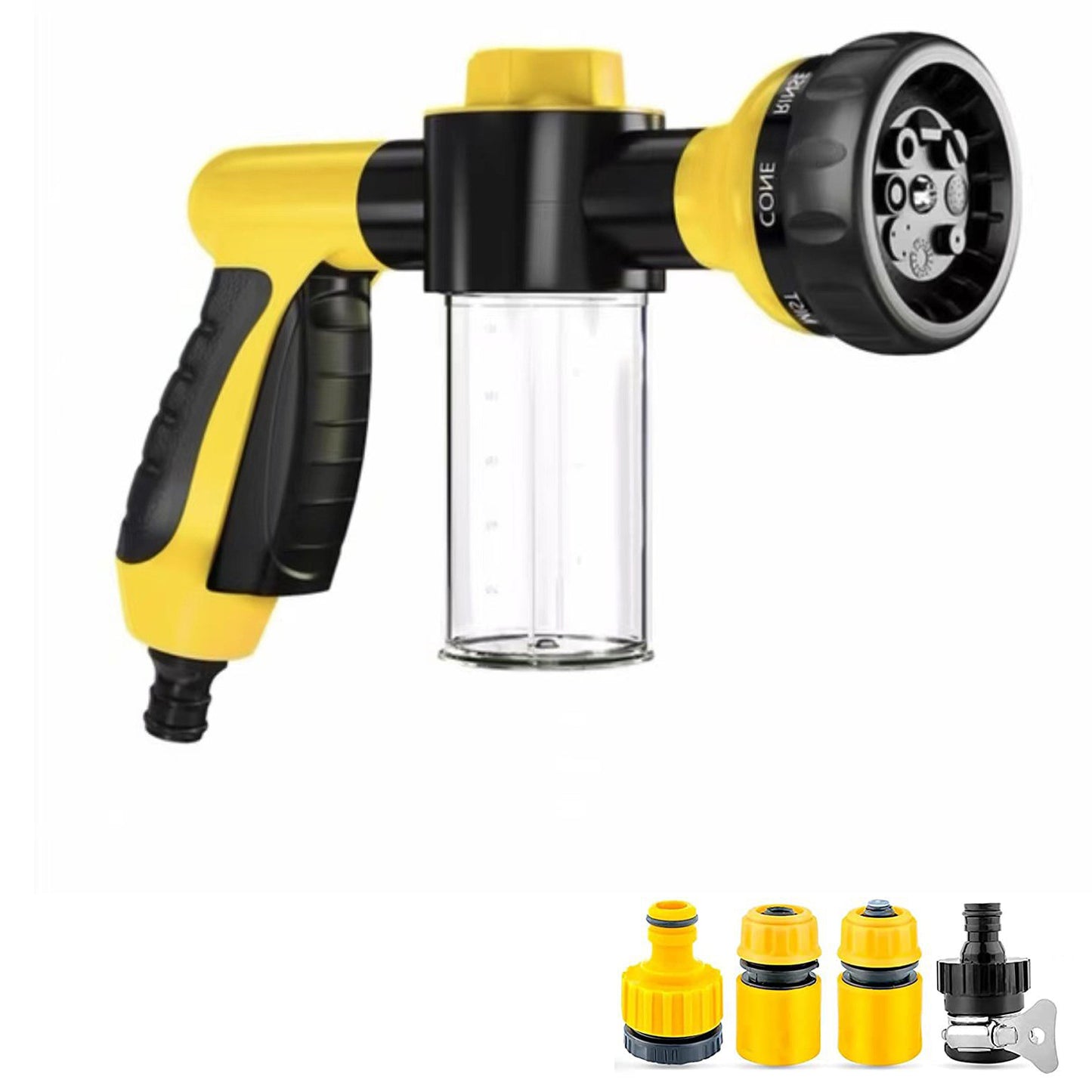 yellow 8-in-1 pet washing sprayer with foam container and hose connectors